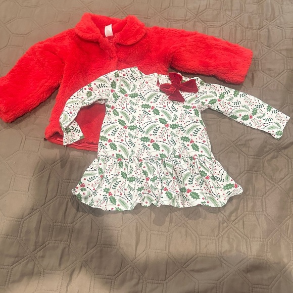 Baby Essentials Red Jacket & Christmas Dress Set with Bow Baby Girl 12 months - Picture 1 of 13